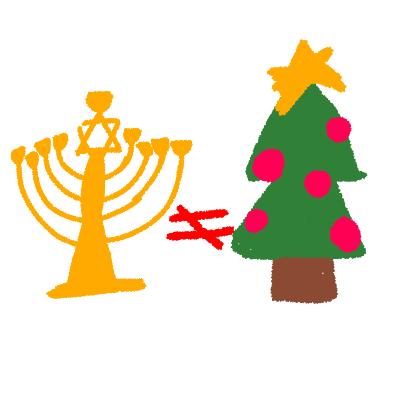 a golden menorah and a Christmas tree with red ornaments side by side. there is an unequal sign between the two, showing both holidays are different